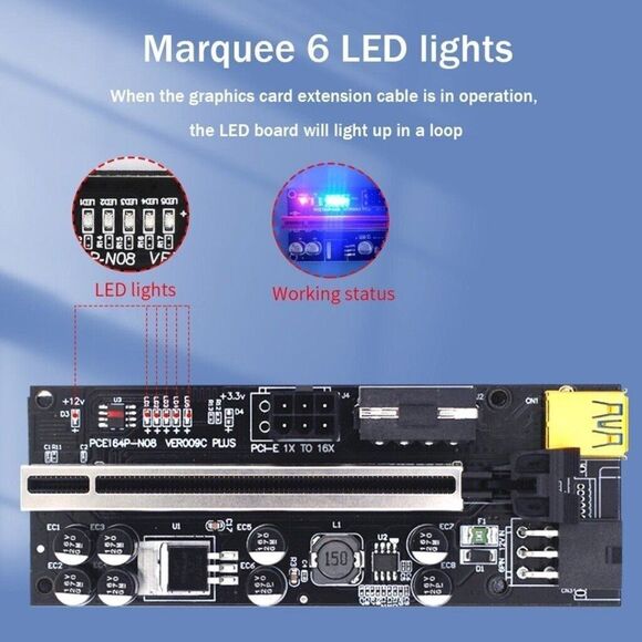 Riser PCI E 16x PCIE 009S Plus VER009C 6 LED lights Video Card Extension Mining - Picture 2 of 6